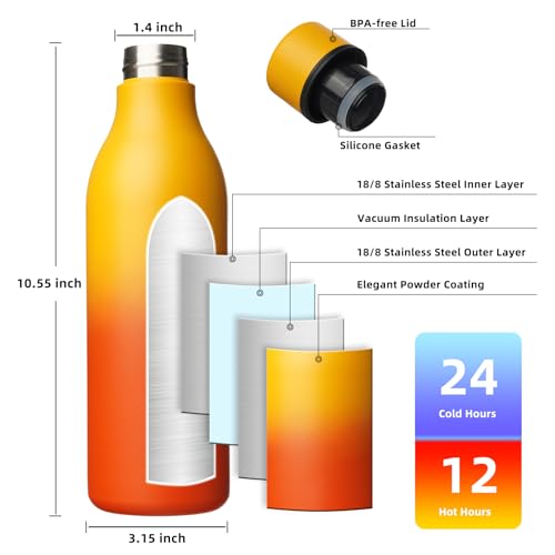 Image of BJPKPK Insulated Water Bottles, 25 oz Stainless Steel Metal Water Bottle with Strap, BPA Free Leak Proof Jugs, Mugs, Flasks, Reusable Thermal Flasks for Sports & Travel, Sunset Orange