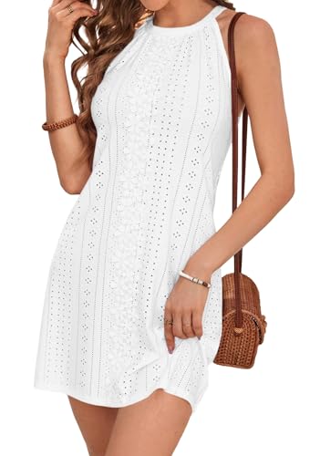 MITILLY Womens Halter Summer Eyelet Mini Dress Casual Sleeveless Floral Lace Lined Sundresses for Beach Vacation Holiday