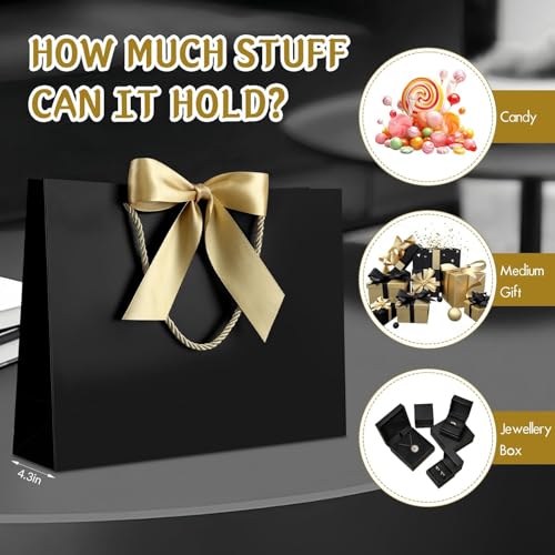 Image of JMANNI Gift Bags with Handles, 13 inch Medium Gift Bag for Presents, 2 Pcs Bags with 4 Tissue Paper and 2 Cards for Baby Shower Wedding Bridal Shower Mother's Day Birthday Party (Black)