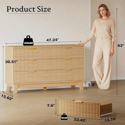 Image of BORNOON Fluted 6 Drawer Dresser, 47.2 inch Wide Modern Boho Chest of Drawers, Wooden Storage Dresser TV Stand for Bedroom, Living Room, Closet, Hallway, Curved Profile Design