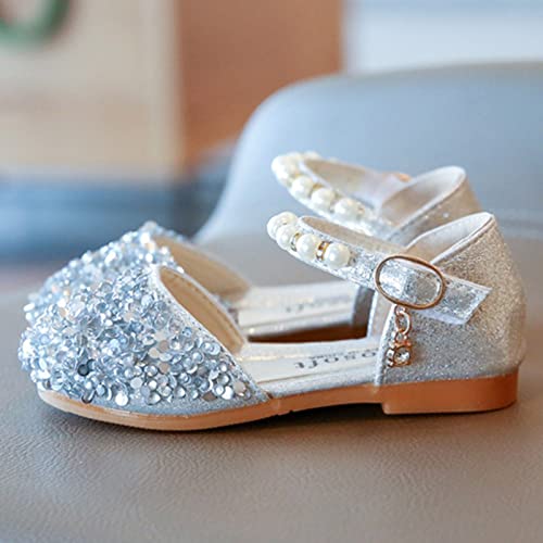 Girls White Dress Shoes Princess Low Shoes Dance Rhinestone Sandals Pumps Kids Little Heels Glitter Dress Sequins Girls (Silver-a, 30)3