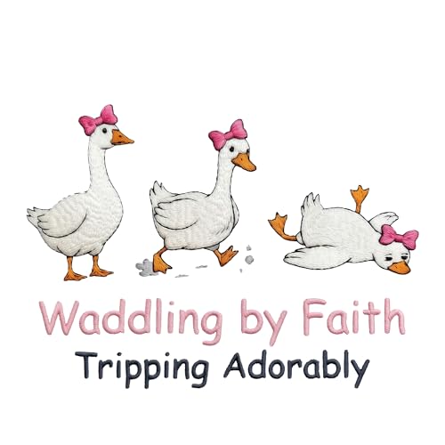 Image of Funny Christian Car Decal Waddling by Faith Sticker - Cute Goose Duck Tripping Adorably Bumper Decal, Inspirational Bible Verse Vinyl Sticker, Faith Over Fear Gift for Christian Women Mom