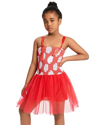 Hawaiian Little Girls Red Leaf Green Tutu Dress with Luau Leis Accessories Outfit3