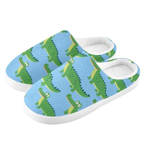 JUNZAN Green Crocodiles Blue Women Home Cotton Slippers Non Skid Memory Foam House Shoes for Hospital Funny Presents 6-74