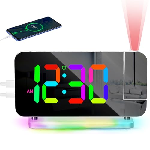 PORFOYO Despertador con proyección, reloj despertador con proyección LED RGB, reloj de espejo con 10 colores de luz nocturna y proyector giratorio de 180°, despertador digital con USB-C, para