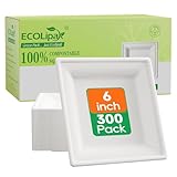 ECOLipak 6 Inch Compostable Square Paper Plates, 300 Count Heavy Duty White Small Paper Appetizer Plates, Disposable Biodegradable for Dessert Daily meals, Dinner, Parties, BBQ