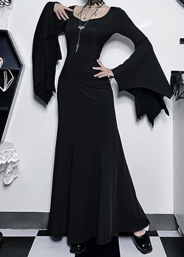 TSMNZMU Gothic Maxi Dresses for Women Dark Style Slim Long Dresses Long Flare Sleeve V-Neck Vintage Evening Dress3
