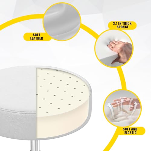 Image of Rolling Stool With Heavy Weight Capacity 250lb, PU Leather Seat, Wheels and Footrest - Ultra Soft Padded, 360 Swivel for Spa, Drawing, Salon, Work, Office, Tattoo (White)