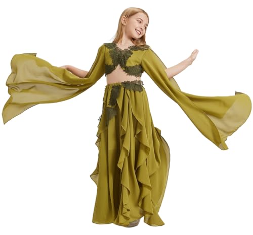 Girls' Elegant Olive Green Chiffon Dress Lace Trim Ruffled Skirt Flowing Cape Sleeves Vintage Folklore Dresses3