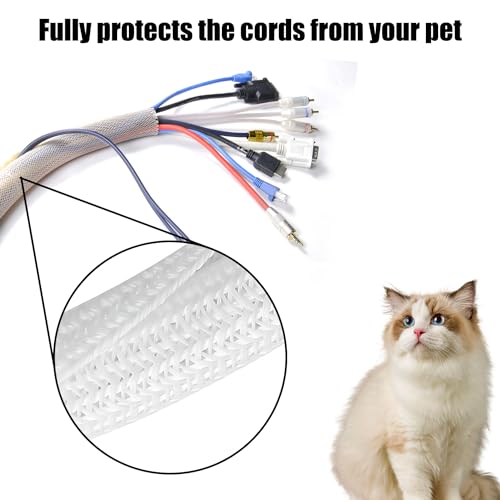 Cable Management Sleeve, 10ft - 1/4 inch White Cable Sleeve, Cord Organizer Cord Management for USB Cable Power Cord TV Computer Desk with 3 PCS Black Cable Ties - Thumbnail 4