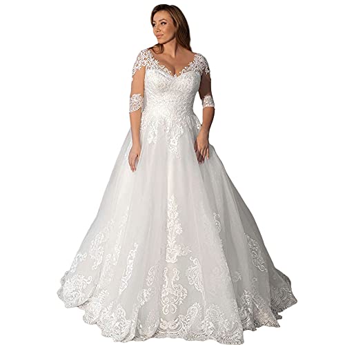 XYAYE Lace Wedding Dresses for Bride with 3/4 Sleeves Puffy Tulle Wedding Gowns V Neck Modest Bridal Gowns for Women