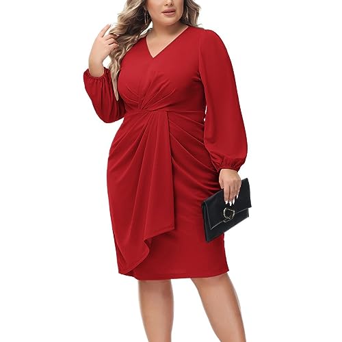 Hanna Nikole Vestido de cóctel con cuello en V hasta la rodilla para mujer, tallas grandes, con mangas de linterna, vestido de fiesta en cascada, rojo, 52/54