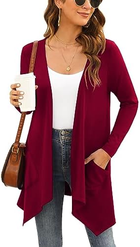 Yommay Damen Kurzarm-Lang Strickjacke Leicht Knit mit Tasche High Low Saum | Damen Cardigan V-Ausschnitt Elegant Knitted Weich Klassisch Mode Locker Lässig Ladies Sweaters Alltag A