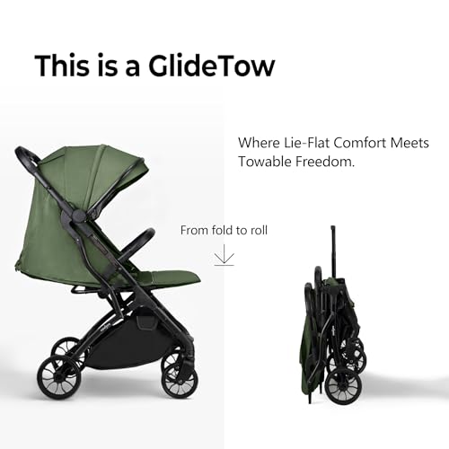 Image of newyoo GlideTow TR18M Travel Stroller, Compact Foldable Baby Toddler Stroller with Cup Holder, One-Hand Quick Fold, Near Flat Recline Seat, Dark Green