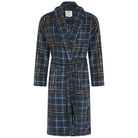 John Christian Men's Warm Fleece Dressing Gown, Blue and Yellow Check Pattern Cover