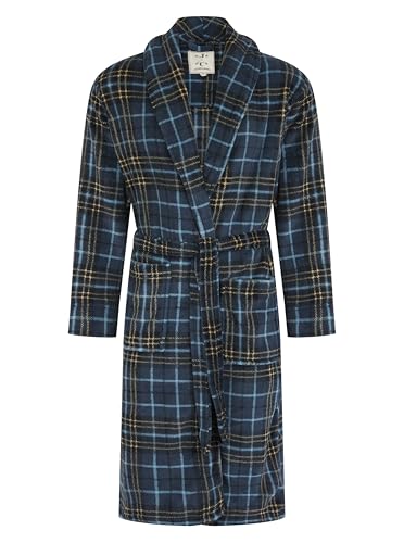 John Christian Men's Fleece Robe, Navy Blue and Yellow Check Pattern