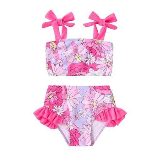 YOUNGER TREE Toddler Girls Two Pieces Swimsuit Color Block Stripe Swimwear Summer Beach Bathing Suit 18M-5T（Pink Flower 6-7T）