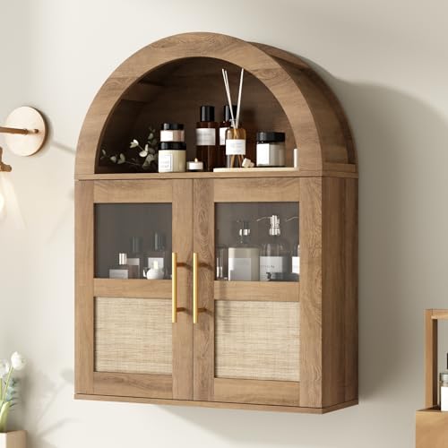 RUSTOWN Arched Bathroom Wall Cabinet, Rattan Medicine Cabinet with 2