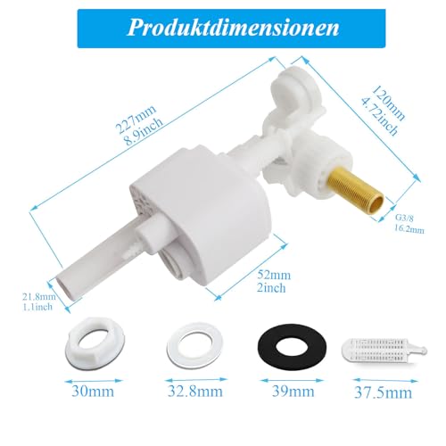 Mendorio Seitlicher Spülkasten Füllventil, G3/8 Universelles Schwimmerventil, Höhenverstellbarer Schwimmer, Messinganschluss und Abnehmbarer Filter – WC Spülkasten Ersatzteile