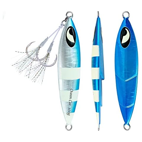 OCEAN CAT 1 PC Slow Fall Pitch Lead Metal Flat Fishing Jigs Lures Sinking Vertical Jigging Bait with Butterfly Hook for Saltwater Fishing (Blue&Silver, 100g) Cover