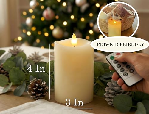 Image of Flameless Pillar Candles Flickering with Remote Timer, Battery Operated LED Candles Up to 400 Hours, 3D Moving Flame Real Wax Candles. (Ivory Melted Top)