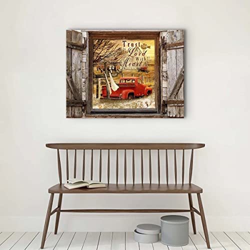 Farmhouse Canvas Wall Art Christian Christmas Red Truck And Old Barn Pictures Rustic Wall Decor Hereford Cow Painting For Bedroom Bathroom Living Room Prints Artwork Framed 12"X16" #TOP3