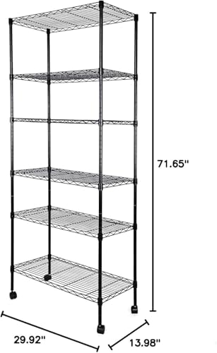 Image of Simple Deluxe Heavy Duty 6-Shelf Shelving, 29.92'' D x 13.98'' W x 71.65'' H Adjustable Wire Shelving with Hanging Hooks and Wheels, Black