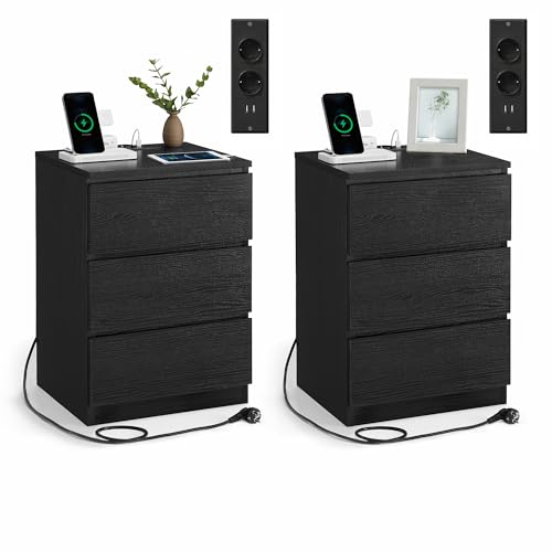 VASAGLE Kailyn Kollektion - Nachttisch mit Steckdosenleiste, 2er Set, Beistelltisch, 3 Schubladen, 2 AC-Steckdosen, 2 USB-A-Anschlüsse, modern,...