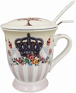 GMMH Tea cup with lid, spoon and strainer cup made of porcelain for loose tea or bags (flower)