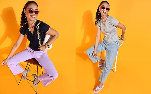 Image of POPWINGS Casual Solid V-Neck Short Sleeves Summer Wear Tops Combo for Women
