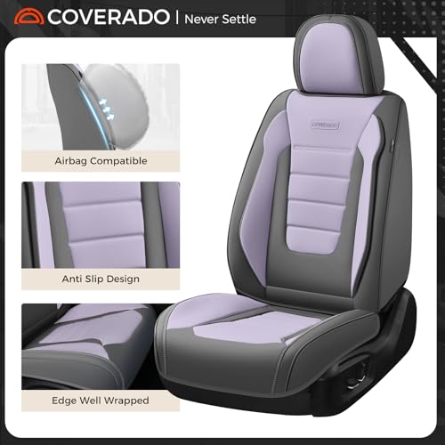 Image of Coverado Car Seat Covers Full Set, Nappa Leather Seat Covers for Cars, Car Seat Protector Car Seat Cushion, Front and Back Seat Protectors Cushions Universal Fit for Most Cars Vehicles(Gray&Purple)