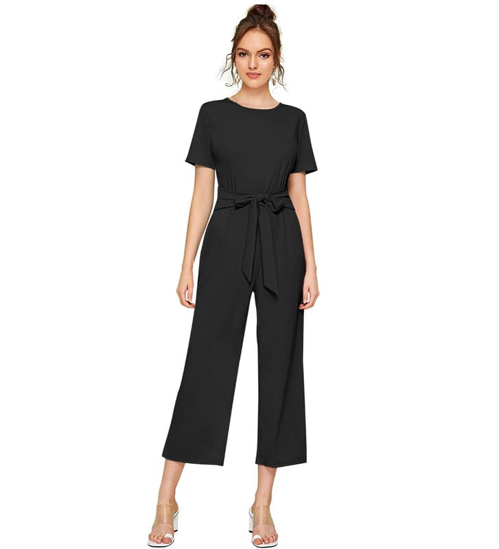 Women's Knitting Stretchable Solid Round Neck Cap Sleeve Jumpsuit (Black, M)-PID56806-picture-15