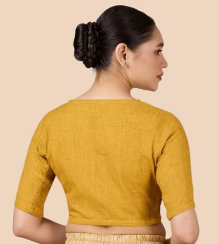 Image of Studio Shringaar Women's Thick Handloom Cotton Plain Side Stretch (Smocked) Readymade Saree Blouse
