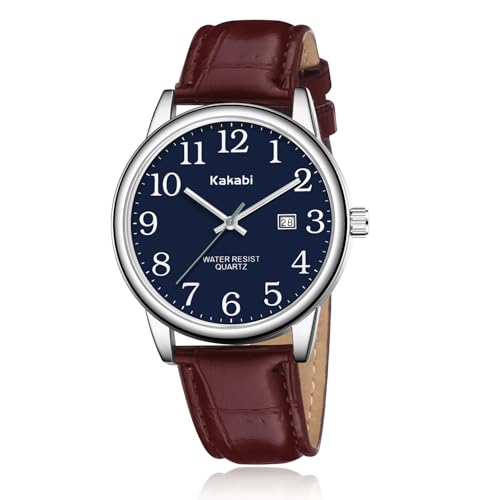 Kakabi Watch for Men, Easy Reader Unisex Analog Quartz Waterproof Wristwatch with Date and Leather Band, Casual Simple Fashion Mens Watches Gift