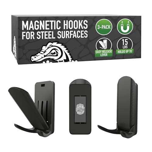 GATOR MAGNETICS Dual MINI Hooks - 15 lb Strong Magnetic Hooks for Steel Surfaces Patented Easy-Release Non-Slip Grip - Storage & Organization Fridges Offices Classrooms Kitchen Black - 3 Pack
