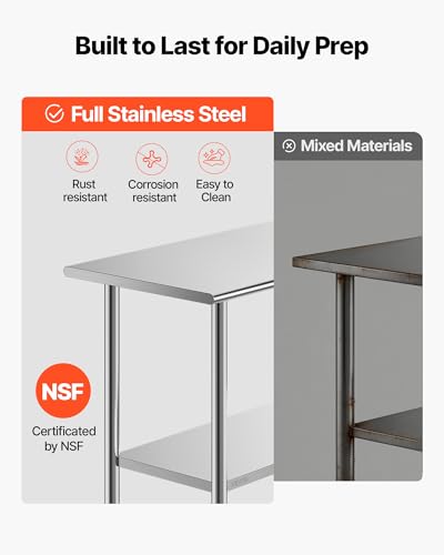 Image of VEVOR Stainless Steel Work Table, 24x48 Inch Food Prep Table, Commercial Kitchen Workstation with Adjustable Undershelf, Metal Heavy Duty Utility Worktable, for Restaurant Home Hotel Garage Outdoor