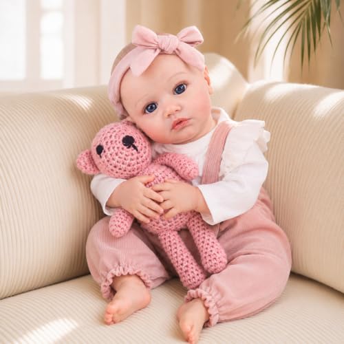 WOOROY Lifelike Reborn Baby Dolls Girl - 18 Inch Realistic Baby Doll with Stunning Blue Eyes Real Life Baby Doll Real Looking Newborn Soft Cloth Body Gift Set with Full Accessories for Kids Aged 3+