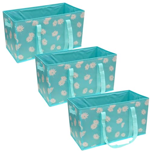 DURASACK Large Grocery Tote Bag 3-Pack All-Purpose Collapsible Tote Bags with Handles Kitchen Reusable Grocery Bags, Blue Daisies