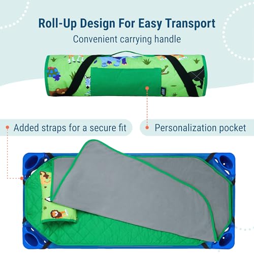 Image of Wildkin Modern Kids Nap Mat with Pillow for Boys & Girls - Cotton Blend, Elastic Straps, Toddler Sleep Mat for Daycare, Preschool, Kindergarten & Travel, Ages 3-7, Machine Washable - Wild Animals