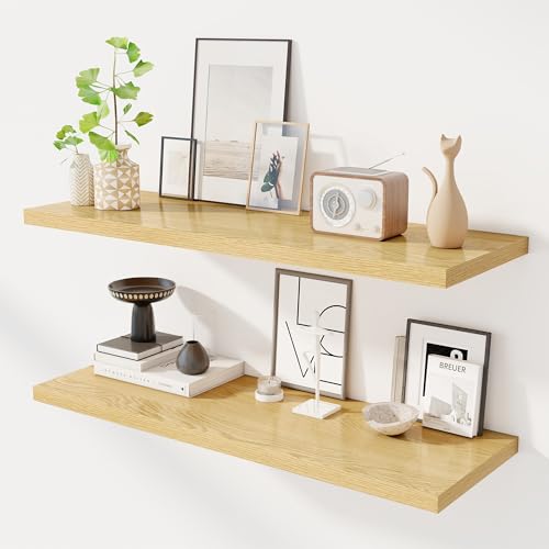 Image of Dreamland 40 inch Floating Shelves for Wall, 12 inch Deep Slim Oak Floating Shelves, Wall-Mounted Shelves for Bedroom, Living Room, Kitchen, Bathroom - Set of 2