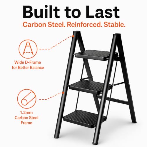 Image of Equal 3 Step Advance Foldable Step Ladder for Home | Carbon Steel | Wide Anti-Slip Steps | 150 Kg Capacity | 3 Year Warranty | Grey