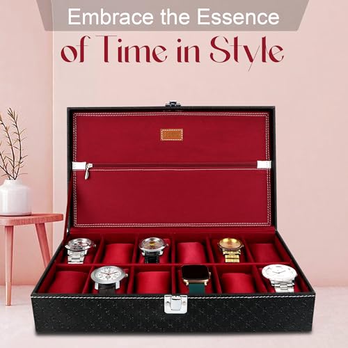 LEDO Men's and Women's Watch Box Holder Organizer Case In 12 Slots of watches In PU Leather Royal Black & Cherry color with Chain Pocket - Image 7