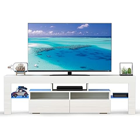 AUXSOUL Glossy RGB LED Entertainment Stand - Modern LED TV Stand with Large Drawers - Media Game Console Table - TV Cabinet for Media Player, TV Media Furniture(63 inch White) Cover