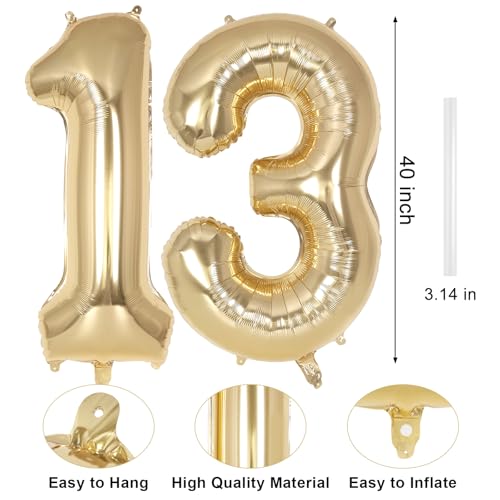 Image of Champagne Large Number 13 Balloon, 40 Inch Light Gold Foil Helium Number Balloons, Giant Mylar Number 13 Balloons for 13 Years Old Birthday Party Anniversary Decorations (Champagne Gold 13)