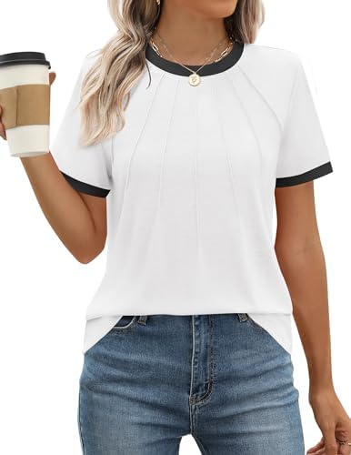ZESICA Women’s Casual Short Sleeve Pleated Shirts 2025 Summer Dressy Crewneck Color Block Tops ZESICA Women’s Casual Short Sleeve Pleated Shirts 2025 Summer Dressy Crewneck Color Block Tops
