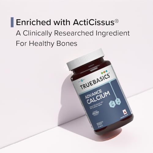 Image of TrueBasics Advance Calcium Tablets for Women and Men, with Vitamin D3, Vitamin K2-MK7, Magnesium, Zinc, Alfalfa, Clinically Researched Ingredients, 90 Calcium Tablets