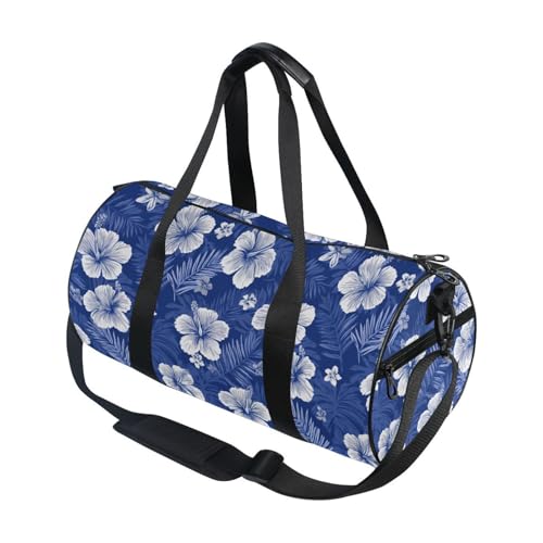Hawaiian Blue Flowers Sports Duffel Bag Full Print Polyester Barrel Gym Bag with Side Zipper Pocket, Detachable Shoulder Strap for Gym Sports Fitness and Short-Term Travel Use