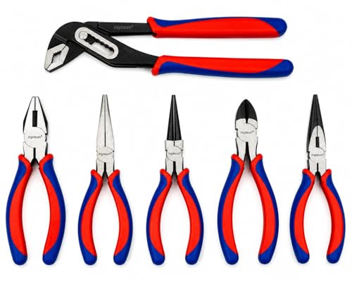 INGDAUM® Zangen – gesenkgeschmiedet aus Kohlenstoffstahl, fein poliert – Wasserpumpenzange 10, Kombizange 6, Spitzzange 6, Seitenschneider 6, Flach- & Rundzange – 2K-Griffe Blau-Rot (6er Set)