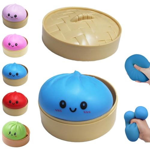 Dumpling Squishies Toy, Giant Glitter Dumpling, Colorful Dumplings Stress Balls Fidget Sensory Toy,Squeeze Dough Ball Stress Relief Hand Toys with Food Steamer Stretchy Desk Toys (Blue)