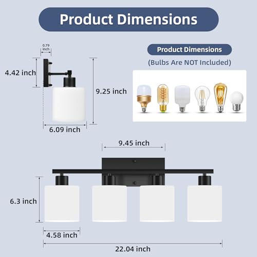 Image of SILAMPDI Black Bathroom Light Fixtures Over Mirror, 4-Light Vanity Lights for Bathroom, Modern Wall Sconces Lighting for Bedroom Living Room, Milky White Glass Shades, E26 Base, Bulbs Not Included